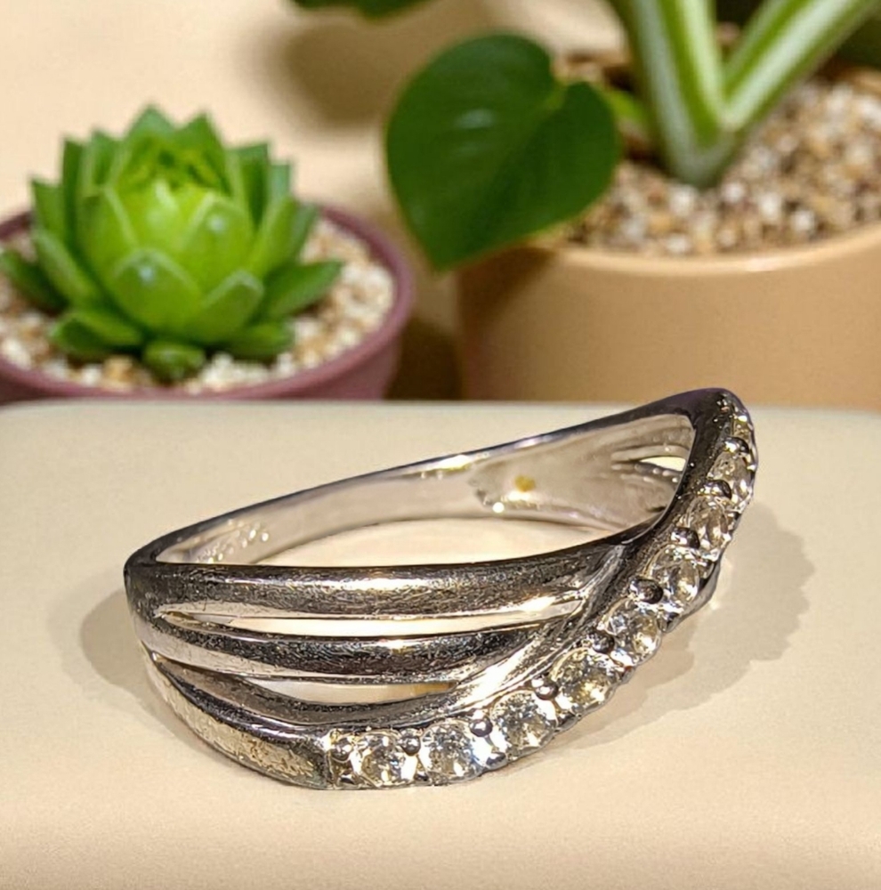 IBB Graceful Sterling Silver Crossover Ring with CZs